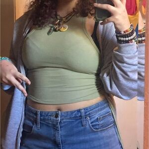 Green Olive Khaki Ribbed Cropped Tank Top